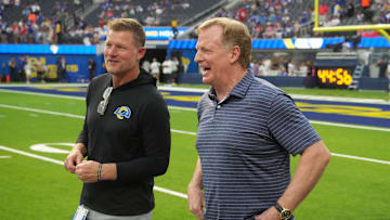 Sep 8, 2022; Inglewood, California, USA; Commissioner of the NFL Roger Goodell talks with Rams General Manager Les Snead before the game between the Los Angeles Rams and the Buffalo Bills at SoFi Stadium. Mandatory Credit: Kirby Lee-Imagn Images