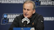 Mar 19, 2025; Lexington, KY, USA;  Tennessee head coach Rick Barnes speaks with media during NCAA Tournament First Round Practice at Rupp Arena. Mandatory Credit: Aaron Doster-Imagn Images