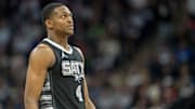 Mar 9, 2025; Minneapolis, Minnesota, USA; San Antonio Spurs guard De'Aaron Fox (4) looks on against the Minnesota Timberwolves in the second half at Target Center.