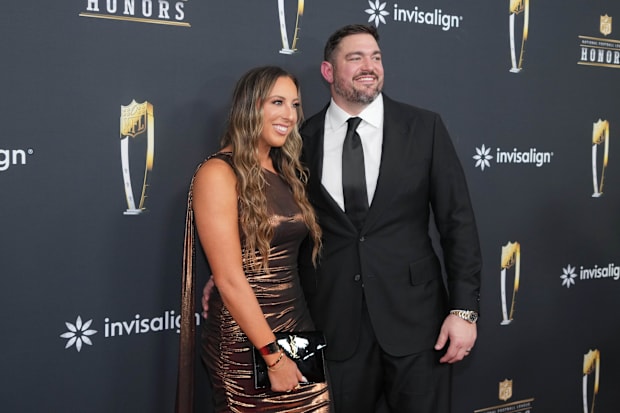 Zack Martin and his wife Morgan Martin on the red carpet before Super Bowl LIX NFL Honors at Saenger Theatre.
