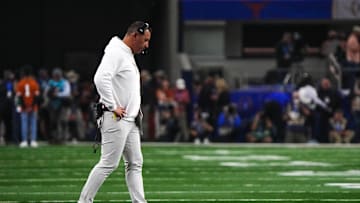 Texas Longhorns head coach Steve Sarkisian walks the field during the College Football Playoff semifinal game against Ohio State in the Cotton Bowl at AT&T Stadium on Friday, Jan. 10, 2024 in Arlington, Texas.