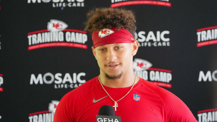 Jul 26, 2024; Kansas City, MO, USA; Kansas City Chiefs quarterback Patrick Mahomes (15) speaks to the media after training camp at Missouri Western State University. Mandatory Credit: Denny Medley-USA TODAY Sports