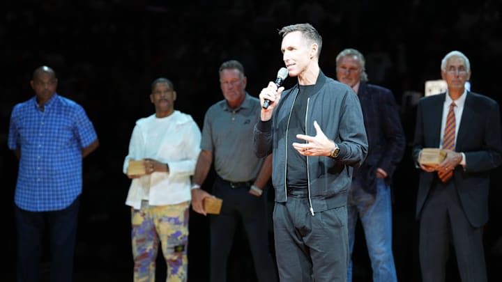 Oct 28, 2023; Phoenix, Arizona, USA; Phoenix Suns legend Steve Nash greets fans during a Ring of Honor half time ceremony of the game against the Utah Jazz at Footprint Center. Mandatory Credit: Joe Camporeale-Imagn Images