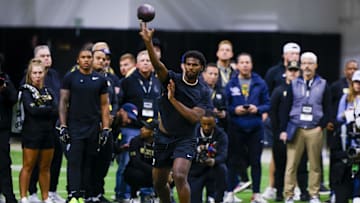 Apr 4, 2025; Boulder, CO, USA; Colorado Buffaloes quarterback Shedeur Sanders (2) passes the ball at the University of Colorado NFL Showcase at the CU Indoor Practice Facility.  