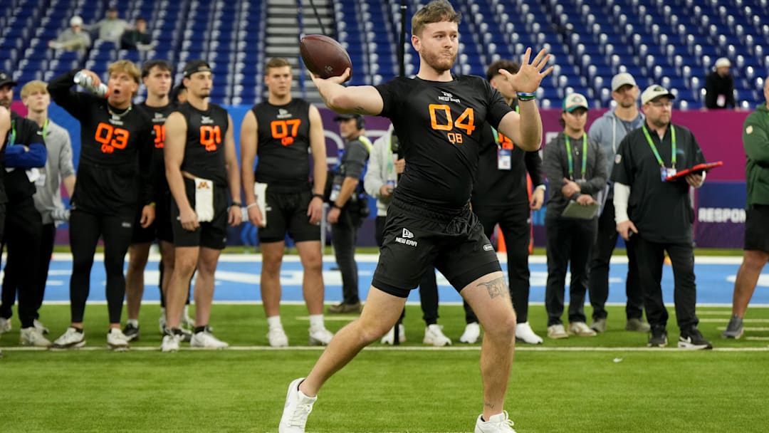 Mar 1, 2025; Indianapolis, IN, USA; Texas quarterback Quinn Ewers (QB04) during the 2025 NFL Combine at Lucas Oil Stadium. Mandatory Credit: Kirby Lee-Imagn Images