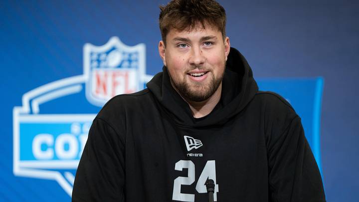 Feb 28, 2026; Indianapolis, IN, USA; Georgia offensive lineman Monroe Freeling (OL24) speaks to members of the media during the NFL Combine at the Indiana Convention Center. Mandatory Credit: Jacob Musselman-Imagn Images
