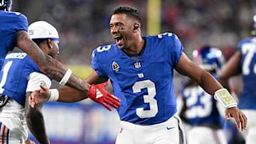 Aug 21, 2025; East Rutherford, New Jersey, USA; New York Giants quarterback Russell Wilson (3) celebrates a touchdown during the first quarter against the New England Patriots at MetLife Stadium. Mandatory Credit: Mark Smith-Imagn Images