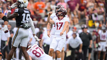 Aug 31, 2024; Nashville, Tennessee, USA;  Virginia Tech Hokies place kicker John Love (17) kicks a field goal against the Vanderbilt Commodores during the first half at FirstBank Stadium. Mandatory Credit: Steve Roberts-Imagn Images