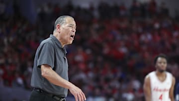 Mar 3, 2025; Houston, Texas, USA; Houston Cougars head coach Kelvin Sampson reacts after a play during the first half against the Kansas Jayhawks at Fertitta Center. Mandatory Credit: Troy Taormina-Imagn Images