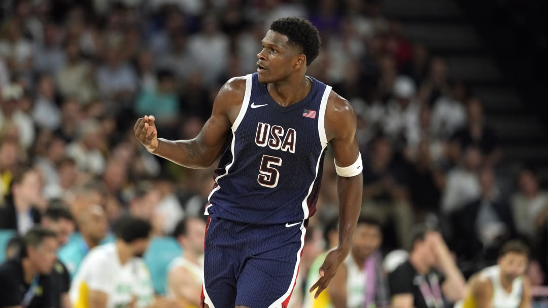 Aug 6, 2024; Paris, France; United States guard Anthony Edwards (5) reacts in the fourth quarter against Brazil in a men’s basketball quarterfinal game during the Paris 2024 Olympic Summer Games at Accor Arena.