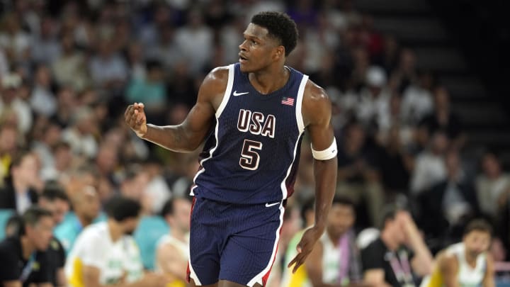 Aug 6, 2024; Paris, France; United States guard Anthony Edwards (5) reacts in the fourth quarter against Brazil in a men’s basketball quarterfinal game during the Paris 2024 Olympic Summer Games at Accor Arena. Mandatory Credit: Kyle Terada-USA TODAY Sports