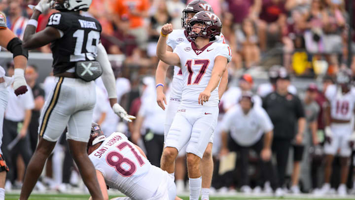Aug 31, 2024; Nashville, Tennessee, USA; Virginia Tech place kicker John Love (17) kicks a field goal against Vanderbilt. Aug 31, 2024; Nashville, Tennessee, USA; Virginia Tech place kicker John Love (17) kicks a field goal against Vanderbilt.