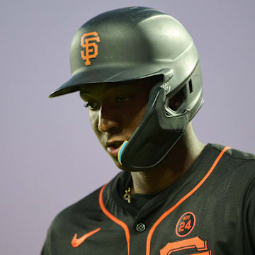 Sep 14, 2024; San Francisco, California, USA; San Francisco Giants infielder Marco Luciano reacts after striking out.