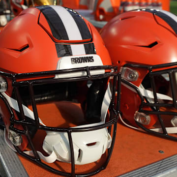 Dec 3, 2023; Inglewood, California, USA; Riddell speedflex Cleveland Browns helmets on the sidelines at SoFi Stadium. Mandatory Credit: Kirby Lee-Imagn Images