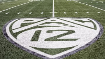 Oct 21, 2023; Eugene, Oregon, USA; A view of the PAC-12 field logo before the game between the Oregon Ducks and the Washington State Cougars at Autzen Stadium. Mandatory Credit: Soobum Im-Imagn Images