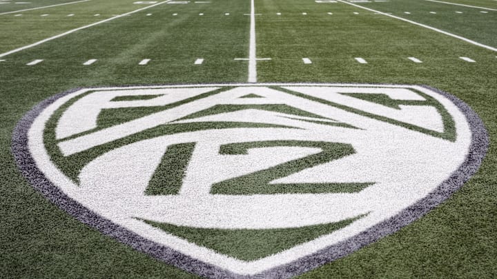 Oct 21, 2023; Eugene, Oregon, USA; A view of the PAC-12 field logo before the game between the Oregon Ducks and the Washington State Cougars at Autzen Stadium. Mandatory Credit: Soobum Im-Imagn Images