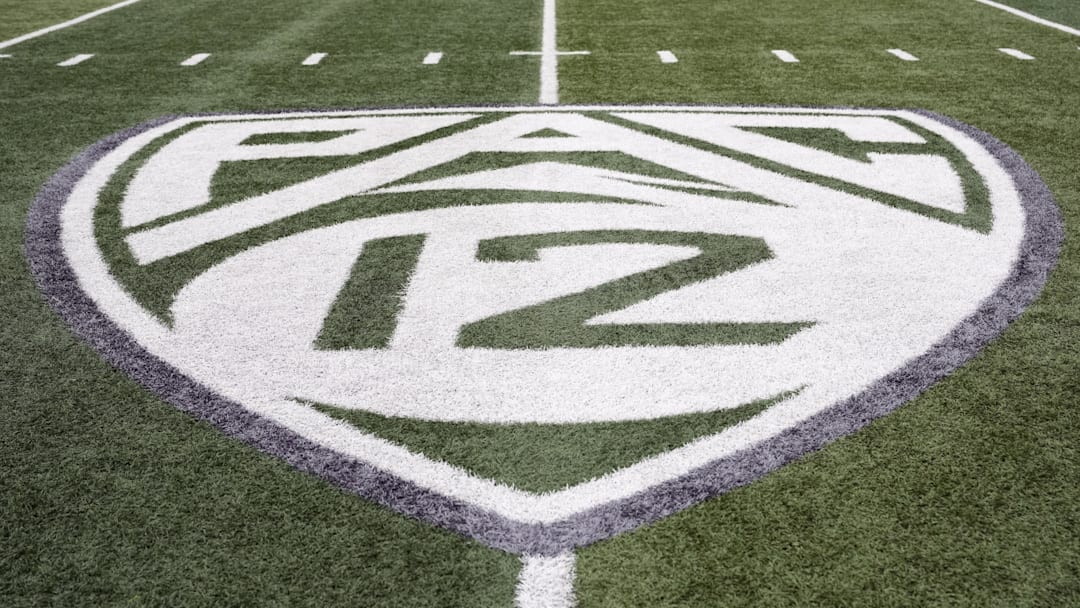 Oct 21, 2023; Eugene, Oregon, USA; A view of the PAC-12 field logo before the game between the Oregon Ducks and the Washington State Cougars at Autzen Stadium. Mandatory Credit: Soobum Im-Imagn Images