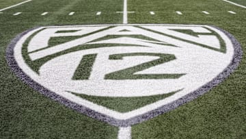 Oct 21, 2023; Eugene, Oregon, USA; A view of the PAC-12 field logo before the game between the Oregon Ducks and the Washington State Cougars at Autzen Stadium. Mandatory Credit: Soobum Im-Imagn Images