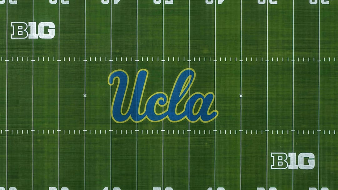 May 2, 2026; Pasadena, CA, USA; A general overall view of the UCLA Bruins and Big Ten Conference logos on the field at the Rose Bowl. Mandatory Credit: Kirby Lee-Imagn Images