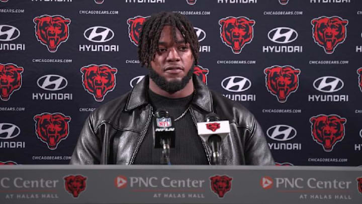 Dayo Odeyingbo addresses media at Halas Hall Thursday after signing his $48 million, three-year deal.