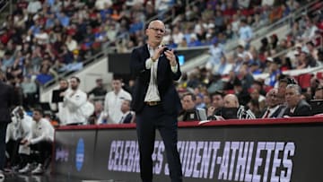 Mar 21, 2025; Raleigh, NC, USA;  Connecticut Huskies head coach Dan Hurley reacts during the first half against the Oklahoma Sooners at Lenovo Center. Mandatory Credit: Bob Donnan-Imagn Images