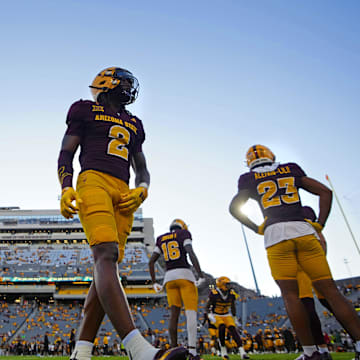 Arizona State cornerback Xavion Alford (2) warms up during a game against NAU at Mountain America Stadium in Tempe, Arizona, on Aug. 30, 2025.