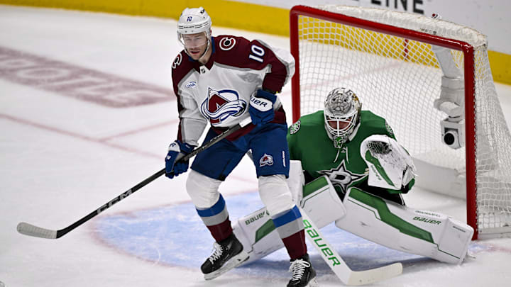 May 3, 2025; Dallas, Texas, USA; Colorado Avalanche center Charlie Coyle (10) and Dallas Stars goaltender Jake Oettinger (29) in action during the game between the Dallas Stars and the Colorado Avalanche in game seven of the first round of the 2025 Stanley Cup Playoffs at American Airlines Center. Mandatory Credit: Jerome Miron-Imagn Images May 3, 2025; Dallas, Texas, USA; Colorado Avalanche center Charlie Coyle (10) and Dallas Stars goaltender Jake Oettinger (29) in action during the game between the Dallas Stars and the Colorado Avalanche in game seven of the first round of the 2025 Stanley Cup Playoffs at American Airlines Center. Mandatory Credit: Jerome Miron-Imagn Images