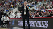 Mar 21, 2025; Raleigh, NC, USA;  Connecticut Huskies head coach Dan Hurley reacts during the first half against the Oklahoma Sooners at Lenovo Center. Mandatory Credit: Bob Donnan-Imagn Images