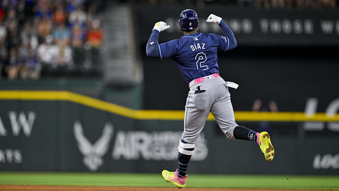 Jul 6, 2024; Arlington, Texas, USA; Tampa Bay Rays first baseman Yandy Diaz (2) in action during the game between the Texas Rangers and the Tampa Bay Rays at Globe Life Field. Mandatory Credit: Jerome Miron-Imagn Images