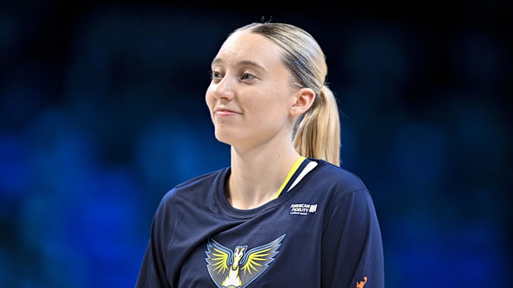 Dallas Wings guard Paige Bueckers (5) warms up before the game between the Dallas Wings and the Seattle Storm at College Park Center.