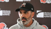 Jul 27, 2022; Berea, OH, USA; Cleveland Browns head coach Kevin Stefanski talks to the media before