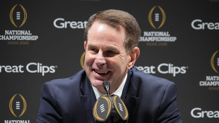 Jan 17, 2026; Miami Beach, Florida, USA; Indiana Hoosiers coach Curt Cignetti during media day for the 2025 College Football Playoff National Championship at Miami Beach Convention Center. Mandatory Credit: Kirby Lee-Imagn Images