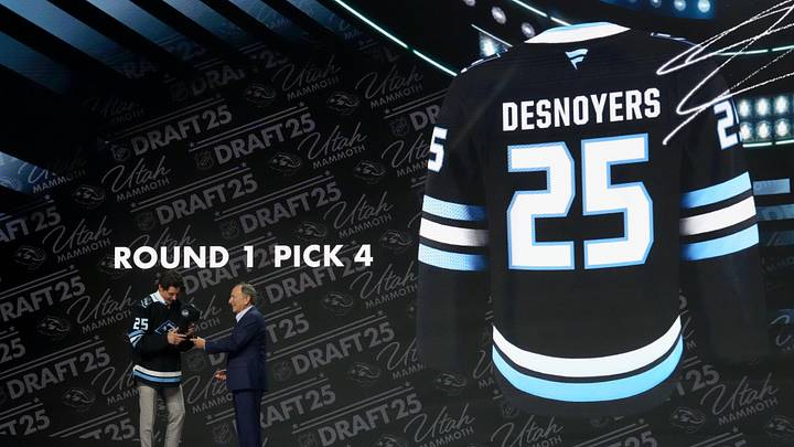 Jun 27, 2025; Los Angeles, California, USA; Caleb Desnoyers is selected as the fourth overall pick to the Utah Mammoth in the first round of the 2025 NHL Draft at Peacock Theater. Mandatory Credit: Kirby Lee-Imagn Images