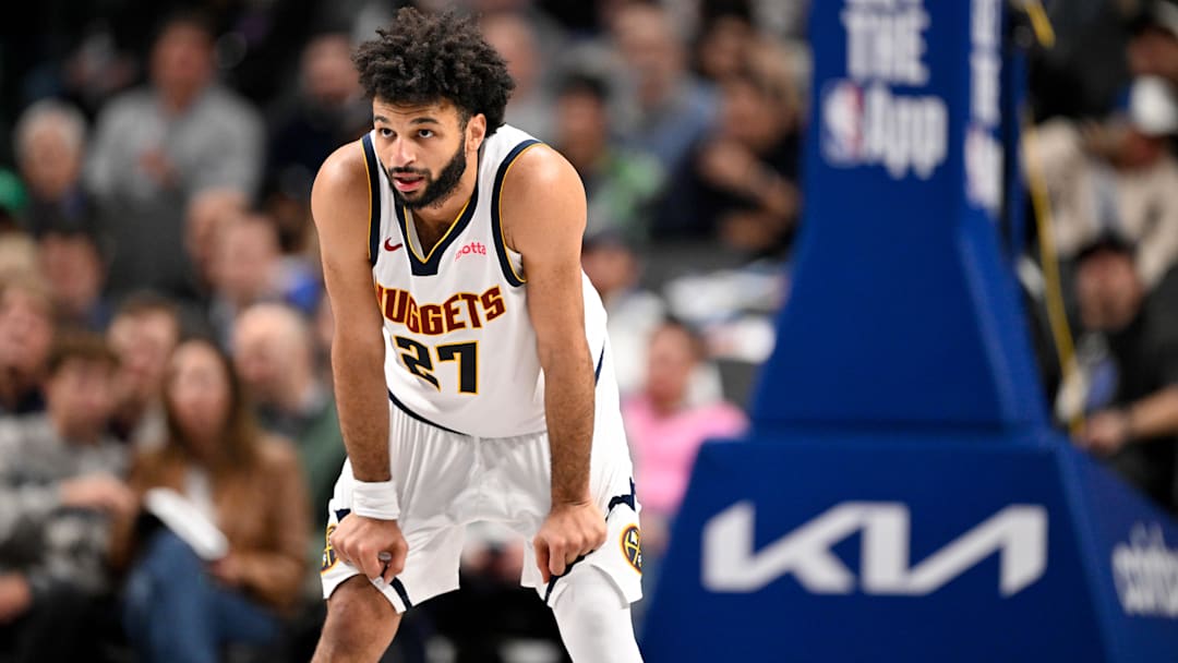 Jan 14, 2026; Dallas, Texas, USA; Denver Nuggets guard Jamal Murray (27) looks on during the second quarter against the Dallas Mavericks at the American Airlines Center. Mandatory Credit: Jerome Miron-Imagn Images