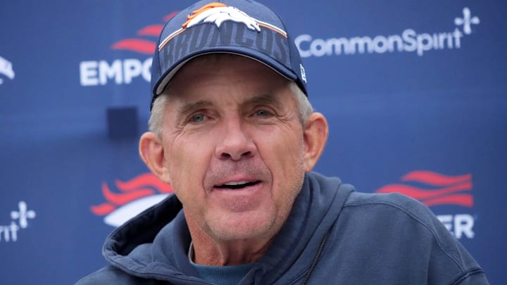 Oct 10, 2025; Ware, United Kingdom; Denver Broncos head coach Sean Payton speaks to media at press conference at the Hanbury Manor. Mandatory Credit: Kirby Lee-Imagn Images