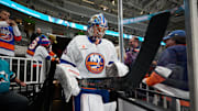 Mar 8, 2025; San Jose, California, USA; New York Islanders goaltender Ilya Sorokin (30) walks to the ice for warmups before the game against the San Jose Sharks at SAP Center at San Jose. Mandatory Credit: Robert Edwards-Imagn Images