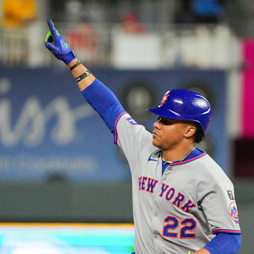 New York Mets right fielder Juan Soto (22) celebrates while running the bases after hitting a solo home run against the Kansas City Royals in the ninth inning at Kauffman Stadium on June 11. 