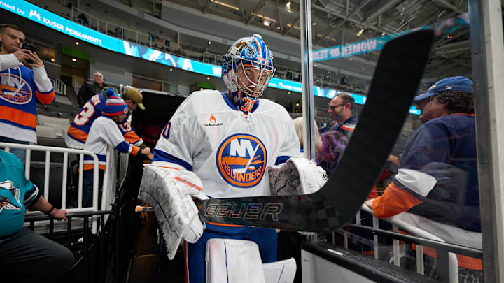 Mar 8, 2025; San Jose, California, USA; New York Islanders goaltender Ilya Sorokin (30) walks to the ice for warmups before the game against the San Jose Sharks at SAP Center at San Jose. Mandatory Credit: Robert Edwards-Imagn Images