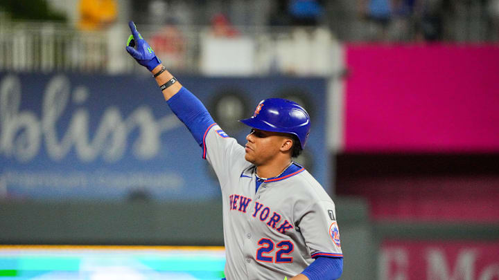 New York Mets right fielder Juan Soto (22) celebrates while running the bases after hitting a solo home run against the Kansas City Royals in the ninth inning at Kauffman Stadium on June 11. New York Mets right fielder Juan Soto (22) celebrates while running the bases after hitting a solo home run against the Kansas City Royals in the ninth inning at Kauffman Stadium on June 11.
