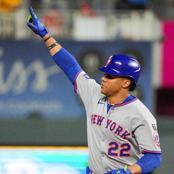 Jul 11, 2025; Kansas City, Missouri, USA; New York Mets right fielder Juan Soto (22) celebrates while running the bases after hitting a solo home run against the Kansas City Royals in the ninth inning at Kauffman Stadium. Mandatory Credit: Denny Medley-Imagn Images