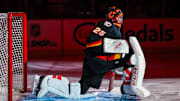 Apr 2, 2024; Calgary, Alberta, CAN; Calgary Flames goaltender Jacob Markstrom (25) prior to the game against the Anaheim Ducks at Scotiabank Saddledome. Mandatory Credit: Sergei Belski-USA TODAY Sports