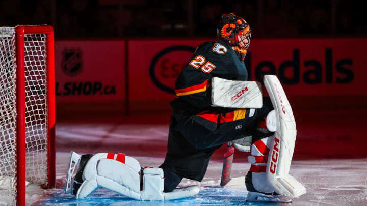 Apr 2, 2024; Calgary, Alberta, CAN; Calgary Flames goaltender Jacob Markstrom (25) prior to the game against the Anaheim Ducks at Scotiabank Saddledome. Mandatory Credit: Sergei Belski-USA TODAY Sports