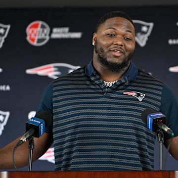 Mar 13, 2025; Foxborough, MA, USA; New England Patriots defensive tackle Milton Williams discusses his recent free agent addition to the Patriots with the media at Gillette Stadium. Mandatory Credit: Eric Canha-Imagn Images