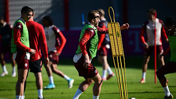 Bayern Munich players in training ahead of first leg of round of 16 Champions League clash against Bayer Leverkusen.