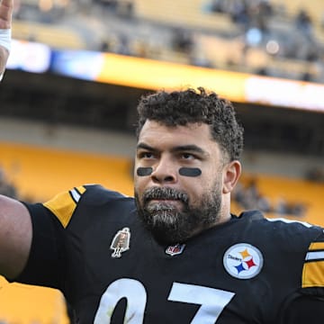 Dec 8, 2024; Pittsburgh, Pennsylvania, USA; Pittsburgh Steelers defensive tackle Cameron Heyward (97) celebrates with fans following a game against the Cleveland Browns at Acrisure Stadium. Mandatory Credit: Barry Reeger-Imagn Images