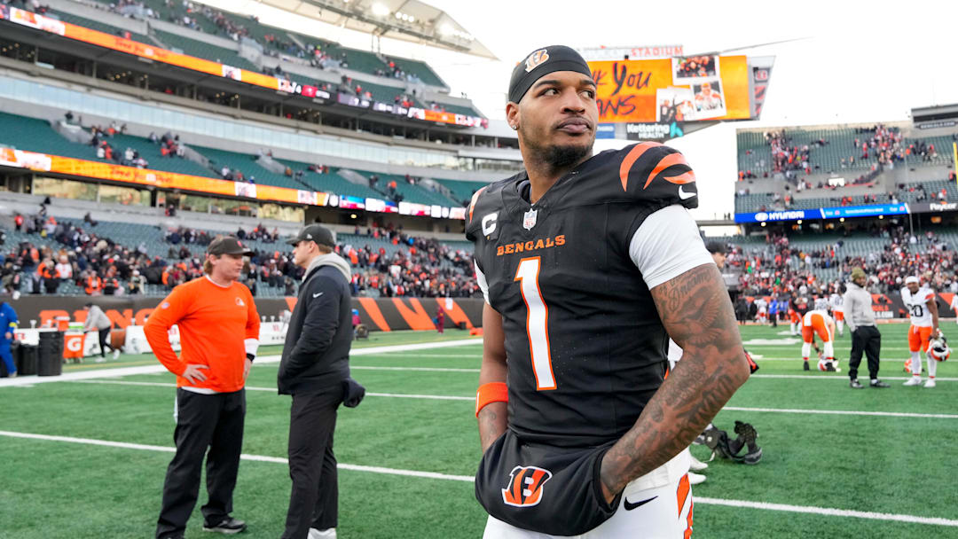 Cincinnati Bengals wide receiver Ja'marr Chase (1) walks for the locker room after the fourth quarter of the NFL Week 18 game between the Cincinnati Bengals and the Cleveland Browns at Paycor Stadium in Downtown Cincinnati on Sunday, Jan. 4, 2026. The Browns kicked a last second field goal to win 20-18.