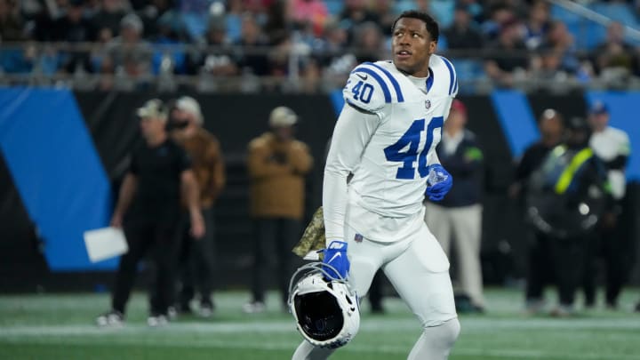 Indianapolis Colts cornerback Jaylon Jones (40) leaves the field Sunday, Nov. 5, 2023, during a game against the Carolina Panthers at Bank of America Stadium in Charlotte.