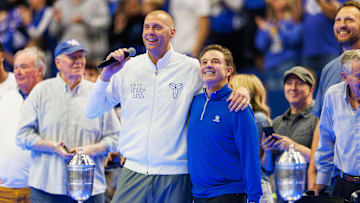 Oct 11, 2024; Lexington, KY, USA; Former Kentucky Wildcats head coach and current St. John's basketball Rick Pitino is introduced during Big Blue Madness at Rupp Arena at Central Bank Center.