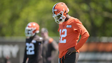 May 10, 2025; Berea, OH, USA; Cleveland Browns quarterback Shedeur Sanders (12) during rookie minicamp at CrossCountry Mortgage Campus. Mandatory Credit: Ken Blaze-Imagn Images