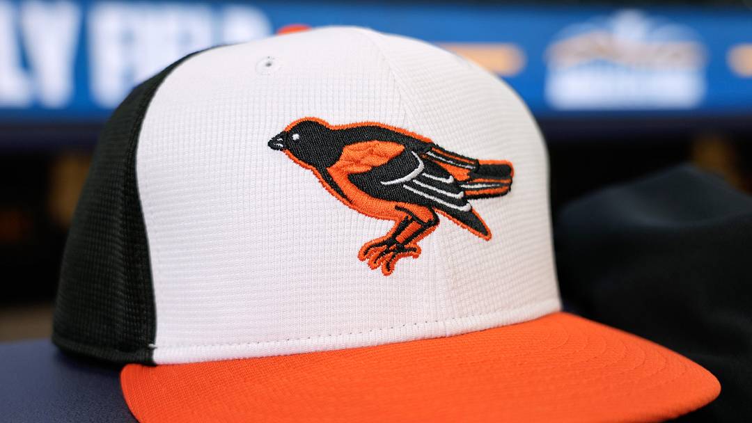 May 19, 2025; Milwaukee, Wisconsin, USA;  General view of a Baltimore Orioles cap during warmups prior to the game against the Milwaukee Brewers at American Family Field.
